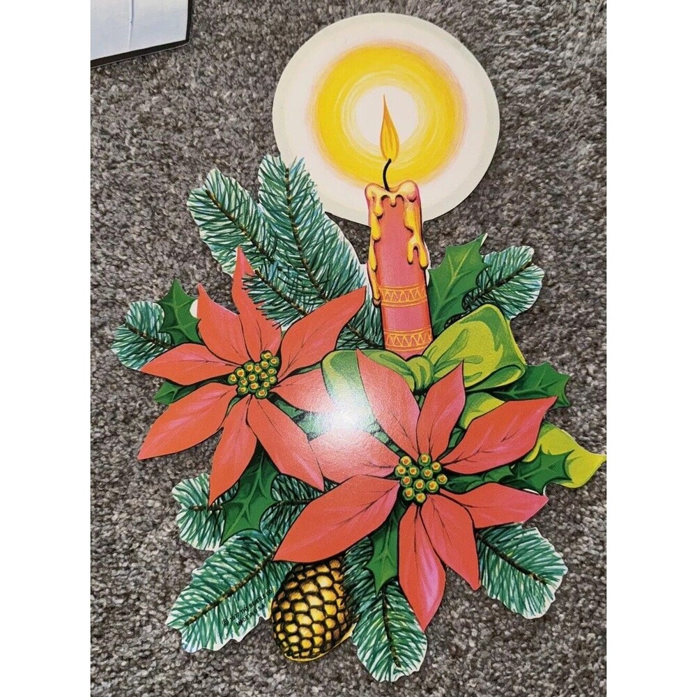 Christmas Candle Poinsettia Die-Cut Card Beistle 1977 Vintage Holiday